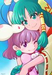  blue_background blush creature feena_(grandia) freckles grandia grandia_i green_eyes green_hair hair_tubes hug long_hair multiple_girls one_eye_closed purple_eyes purple_hair puui_(grandia) ribbon-trimmed_sleeves ribbon_trim short_hair sidelocks signature smile sue_(grandia) timuri 