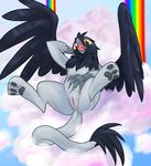  anus avian claws cloud digitigrade feathers female friendship_is_magic genevieve_(mlp) gryphon hindpaw my_little_pony nude pawpads paws pussy rainbow soles solo spread_legs spreading toes tongue wings 