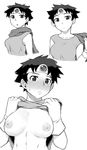  blush breasts circlet dragon_quest dragon_quest_iii ear_blush forehead_jewel full-face_blush gloves greyscale large_breasts monochrome nipples no_bra roto short_hair solo sweatdrop toned tsukudani_(coke-buta) undressing 