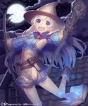  belt belt_pouch blonde_hair blue_eyes book breasts broom brown_gloves corset detached_sleeves full_moon gloves hat magic_circle mckeee moon multiple_belts night night_sky open_book open_mouth pouch rooftop shadowverse shingeki_no_bahamut shorts sideboob sky small_breasts smile solo staff star_(sky) starry_sky witch_hat witchette 