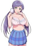  bare_shoulders bra breasts cellphone cleavage green_eyes highres large_breasts light_smile long_hair looking_at_viewer love_live! love_live!_school_idol_project no_shirt parted_lips phone purple_hair self_shot shinjiro simple_background skindentation skirt smartphone solo toujou_nozomi twintails underwear white_background 
