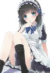  apron black_hair blue_eyes blush bow dress long_hair maid maid_headdress maigoyaki original sitting smile sock_pull solo 