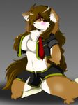  big_breasts blush breasts brown_fur brown_hair canine chest_tuft clothing dog female fur grey_background hair long_hair looking_at_viewer mammal plain_background red_eyes skirt solo tuft white_fur yus-ts 