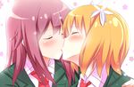  blazer blonde_hair blush closed_eyes flower hair_flower hair_ornament jacket kiss long_hair manatsu_no_yo_no_inmu md5_mismatch multiple_girls necktie parody red_hair sakura_trick school_uniform shinekalta short_hair sonoda_yuu takayama_haruka twintails yuri 