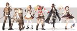  4girls aisha_(elsword) alternate_costume black_dress black_pants blood bloody_clothes boots bow_(weapon) cane cape capelet chainsaw chung_seiker clock deerstalker dress elsword elsword_(character) eve_(elsword) full_body gothic_lolita grandfather_clock hat highres lolita_fashion magnifying_glass mask multiple_boys multiple_girls pants plaid plaid_dress raven_(elsword) red_hair rena_(elsword) scorpion5050 staff standing steampunk thighhighs top_hat victorian weapon 