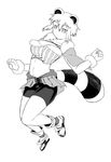  alternate_costume animal_ears araiguma-san bike_shorts breasts bustier capelet cosplay final_fantasy final_fantasy_crystal_chronicles greyscale large_breasts leg_warmers midriff monochrome original raccoon_ears raccoon_tail sandals selkie selkie_(cosplay) short_hair shorts shorts_under_skirt solo tail tsukudani_(coke-buta) 