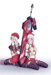  2girls alisa_ilinichina_amiella angry arms_behind_back back-to-back back_to_back bdsm beret blue_eyes blush bondage boots bound breast_bondage breasts cabbie_hat cleave_gag cloth cloth_gag coat crotch_rope gag gagged gloves god_eater god_eater_2 god_eater_2:_rage_burst hat highres huge_weapon improvised_gag kneeling looking_at_viewer miniskirt multiple_girls plaid plaid_skirt reptileye rope shibari siblings sisters skirt sword tartan thigh_boots thighhighs twins underboob weapon white_hair 