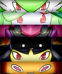  :3 alternate_form artist_request azumarill black_hair fantajii_dm gardevoir green_hair grin highres lilligant mawile nintendo no_humans parody persona persona_eyes plant_girl pokemon pokemon_(game) red_eyes rotom scolipede smile teeth yellow_eyes 