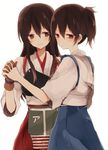  akagi_(kantai_collection) bad_id bad_pixiv_id blue_skirt brown_eyes brown_gloves brown_hair flight_deck gloves holding_hands interlocked_fingers ivu_(e10x) japanese_clothes kaga_(kantai_collection) kantai_collection kimono light_smile long_hair looking_away miko multiple_girls muneate pleated_skirt red_skirt short_hair side_ponytail simple_background skirt smile standing tears very_long_hair white_background 