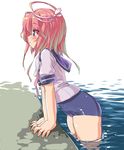  dd_(ijigendd) i-58_(kantai_collection) kantai_collection pink_hair poolside red_eyes school_swimsuit school_uniform short_hair solo swimsuit swimsuit_under_clothes wading water 
