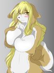  big_breasts black_nose blonde_hair blush breast_grab breasts brown_fur canine chest_tuft dog female fur grey_background hair long_hair looking_at_viewer mammal nude orange_eyes plain_background solo tuft white_fur yus-ts 