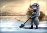  blue_eyes earmuffs hammer_and_sickle hat hibiki_(kantai_collection) kantai_collection long_hair looking_at_viewer scarf ship shovel silver_hair snow snowing solo tsubasa_(abchipika) verniy_(kantai_collection) watercraft winter_clothes 