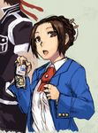  blazer brown_eyes brown_hair bun_cover hair_bun hair_ornament hair_stick height_difference jacket police_badge short_hair sketch solo_focus tsukudani_(coke-buta) 