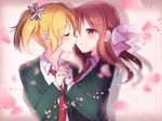  blonde_hair blush cherry_blossoms closed_eyes copyright_name flower hair_flower hair_ornament holding_hands imminent_kiss interlocked_fingers mizukikushou multiple_girls necktie parted_lips petals red_eyes red_hair ribbon sakura_trick school_uniform sonoda_yuu takayama_haruka yuri 