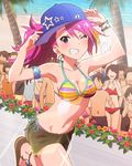 armlet audience baseball_cap beach bikini bracelet breasts cleavage grin hat idolmaster idolmaster_million_live! jewelry jpeg_artifacts lens_flare long_hair looking_at_viewer maihama_ayumu medium_breasts multicolored_hair multiple_boys multiple_girls navel ocean official_art one_eye_closed open_mouth palm_tree pink_eyes pink_hair shorts side-tie_bikini smile solo_focus sunlight swimsuit thumbs_up tree 
