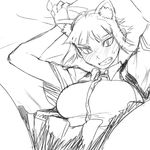  animal_ears blush breasts cat_ears fang full-face_blush greyscale huge_breasts kuraishi_tanpopo monochrome out-of-frame_censoring pillow pillow_grab short_hair sketch slit_pupils tsukudani_(coke-buta) witch_craft_works 