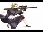  anti-materiel_rifle barrett_m82 blonde_hair bullpup casing_ejection formal from_side glasses gloves gun jcm2 letterboxed long_hair m82a2 muzzle_brake one_knee original rifle scope shell_casing shoes skirt sniper_rifle solo suit_jacket weapon 