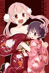  :d bare_shoulders black_hair blush breasts cheek-to-breast cleavage collarbone flower hair_flower hair_ornament highres holding_hands japanese_clothes kimono kimono_pull medium_breasts muku_(muku-coffee) multiple_girls one_eye_closed open_mouth original pink_hair red_eyes sandals shiki_(muku) smile tachibana_hinano twintails 
