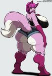  anthro big_breasts big_butt breasts butt canine claws clothing deonwolf female fox fur hair hindpaw huge_breasts huge_butt lips looking_at_viewer looking_back mammal paws pink_fur pink_hair pink_lips pink_nose plain_background shirt short_hair shorts smile solo standing thick_thighs thighs tight_clothing voluptuous white_background white_fur yellow_eyes 