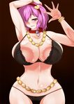  against_glass alternate_breast_size arm_up armpits belly_chain black_background black_bra black_panties bra bracelet breast_press breasts breasts_on_glass cleavage collar curvy hair_over_one_eye hairband heart heart-shaped_pupils highres huge_breasts jewelry komeiji_satori navel necklace older pandain panties pink_hair purple_eyes shiny shiny_skin short_hair smile solo symbol-shaped_pupils touhou underwear underwear_only 