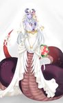  alice alisfieze_fateburn_xvi artist_request blush bouquet cleavage horns lamia mon-musu_quest! monster_girl purple_skin tattoo wedding_dress white_hair yellow_eyes 