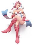  blue_eyes boots bow breasts crossed_legs detached_collar earrings gen_6_pokemon gloves high_heel_boots high_heels high_ponytail highres jewelry knee_boots leotard medium_breasts pantyhose personification pink_footwear pink_hair pokemon ponytail ribbon scyfon sitting solid_eyes solo sylveon 