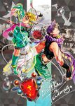  bad_id bad_pixiv_id blonde_hair bola_(weapon) bubble caesar_anthonio_zeppeli colosseum facial_mark fingerless_gloves fire gloves green_eyes head_wings headband jewelry jojo_no_kimyou_na_bouken joseph_joestar_(young) multiple_boys purple_hair red_stone_of_aja ribbon ring sakaumi scarf 