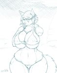  anthro big_breasts bikini breasts canine chest_tuft female fur huge_breasts jindragowolf looking_at_viewer mammal monochrome solo swimsuit thick_thighs tuft voluptuous wide_hips wolf 