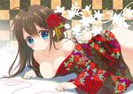  blue_eyes breast_slip breasts brown_hair checkered checkered_background cleavage flower hair_flower hair_ornament japanese_clothes kimono kimono_pull kuromaru large_breasts lying nipples no_bra on_stomach one_breast_out original red_string string 