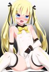  bare_shoulders blonde_hair blue_eyes blush crying crying_with_eyes_open dead_or_alive dead_or_alive_5 detached_sleeves flat_chest full-face_blush garters gloves hair_ribbon highres leotard marie_rose noto_(soranoto) ribbon saliva solo spread_legs tears thighhighs twintails white_gloves white_legwear 