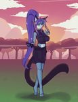  anthro big_breasts blue_eyes breasts cat_eyes clothing cloud feline female grass hair katana long_hair looking_at_viewer mammal mountain ninja outside ponytail purple_hair scorpdk sky slit_pupils smile solo standing sword tree weapon 