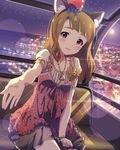  animal_ears artist_request blush brown_eyes cat_ears cityscape crown ferris_wheel ferris_wheel_interior frills idolmaster idolmaster_million_live! jewelry jpeg_artifacts lens_flare light_particles long_hair miyao_miya moon necklace official_art reaching_out sparkle 