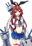  :3 blue_eyes brown_hair cosplay crop_top crop_top_overhang elbow_gloves gloves hair_ribbon highleg highleg_panties highres innertube kantai_collection kongou_(kantai_collection) konkito long_hair looking_at_viewer machinery midriff navel open_mouth panties rensouhou-chan ribbon shimakaze_(kantai_collection) shimakaze_(kantai_collection)_(cosplay) simple_background skindentation striped striped_legwear thigh_gap thighhighs turret underwear white_background 