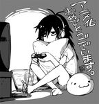  announcement_celebration artist_name bags_under_eyes barefoot commentary_request computer controller expressionless feet full_body game_console game_controller greyscale hair_over_one_eye headphones indian_style kuroki_tomoko laptop long_hair monochrome pillow pillow_hug playing_games shoboon sitting solo television translated video_game watashi_ga_motenai_no_wa_dou_kangaetemo_omaera_ga_warui! yoshino_satsuki 