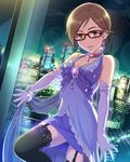  aikawa_chinatsu artist_request black_legwear bracelet brown_eyes brown_hair building dress earrings elbow_gloves formal garter_straps glasses gloves idolmaster idolmaster_cinderella_girls jewelry necklace official_art red-framed_eyewear short_hair 