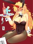  alcohol animal_ears areola_slip areolae between_breasts blonde_hair bottle bow bowtie breasts bunny_ears bunny_tail bunnysuit card cleavage condom_wrapper detached_collar drink goblet horn hoshiguma_yuugi huge_breasts lighter long_hair mouth_hold pantyhose playing_card pointy_ears red_eyes tail they_had_lots_of_sex_afterwards touhou tray wrist_cuffs yadokari_(yadokani) 