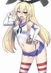  anchor blonde_hair blue_eyes bodypaint breasts hair_ribbon hand_on_hip kantai_collection long_hair naked_paint navel nipples nude painted_clothes ribbon shimakaze_(kantai_collection) small_breasts solo striped striped_legwear tenken_(gotannda) thighhighs 