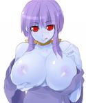  areolae blue_skin blush breast_lift breasts character_request choker dark_nipples detached_sleeves huge_breasts licking_lips looking_at_viewer naughty_face nipples off_shoulder potion_(moudamepo) purple_hair red_eyes ribbon_choker self_fondle short_hair sidelocks solo tongue tongue_out 