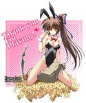  animal_ears bow bowtie breasts brown_eyes brown_hair bunny_ears bunnysuit cleavage coin danshaku detached_collar fishnet_pantyhose fishnets highres large_breasts long_hair one_eye_closed original pantyhose ponytail sack solo sword weapon wrist_cuffs 