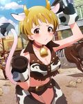  animal_print artist_request bell blonde_hair breasts brown_eyes cleavage cow_bell cow_girl cow_print cowboy_hat crop_top fringe_trim fukuda_noriko hat idolmaster idolmaster_million_live! looking_at_viewer medium_breasts multiple_girls navel official_art pout yokoyama_nao 