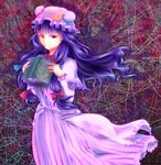  book bow capelet circle crescent crescent_hair_ornament double_bun dress floral_background hair_bow hair_ornament hat highres long_hair long_sleeves looking_at_viewer mob_cap open_book patchouli_knowledge pentagram purple_eyes purple_hair robe saikikkaagobou sidelocks solo striped striped_dress touhou wind 