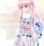  blue_eyes cowboy_shot fur_trim hair_ornament hair_up haramura_nodoka japanese_clothes kimono leaf_print long_sleeves looking_afar multicolored multicolored_background piaroo pink_hair saki simple_background smile solo standing tareme wide_sleeves 