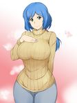  bad_id bad_pixiv_id blue_hair breast_suppress breasts covered_nipples curvy denim green_eyes gundam gundam_build_fighters highres huge_breasts iori_rinko jeans long_hair looking_at_viewer maki_ikazuya mature pants ponytail revision ribbed_sweater scrunchie smile solo sweater wide_hips 