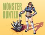  azasuke breasts brown_eyes brown_hair copyright_name deviljho_(armor) full_body gauntlets hammer medium_breasts monster_hunter monster_hunter_4 nargacuga_(armor) navel panties sandals short_hair smile solo thighhighs underwear weapon white_legwear 