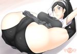  1girl ass black_hair black_legwear black_panties blue_eyes blush breasts cameltoe hairband highres hornet_(artist) kumashiro_maya large_breasts legs legs_up long_hair looking_up lying on_back panties seikimatsu_occult_gakuin simple_background skirt solo thighs underwear upskirt 