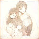  3boys bad_id bad_pixiv_id blanket child hair_ornament hairclip kagerou_project kano_shuuya kido_tsubomi kisaragi_shintarou long_hair monochrome multiple_boys multiple_girls rubill sepia seto_kousuke short_hair sleeping tateyama_ayano younger 