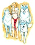 barefoot blonde_hair braid breasts cape caracol closed_eyes dog full_body hairband horn large_breasts leina long_hair navel open_mouth queen's_blade twin_braids white_background wolf 