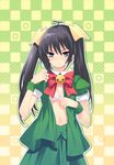  black_hair blue_eyes bow bow_bra bra breasts checkered checkered_background cosplay flyable_heart frown highres itou_noiji melon-chan melon-chan_(cosplay) melonbooks open_clothes open_shirt shirasagi_mayuri shirt small_breasts twintails underwear undressing white_bra yellow_bow 