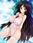  alternate_costume ass_visible_through_thighs between_breasts black_hair blush bow breasts covered_navel day dutch_angle ebi_193 hair_bow impossible_clothes impossible_swimsuit large_breasts long_hair looking_at_viewer one-piece_swimsuit red_eyes reiuji_utsuho school_swimsuit smile solo swimsuit thighhighs touhou very_long_hair wading water wet white_legwear white_school_swimsuit white_swimsuit 