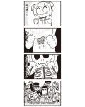  2girls 4koma :3 bat_wings bkub blush bow comic crying cthulhu domino_mask greyscale hair_bow hair_ornament hair_scrunchie hat highres mask monochrome multiple_girls pipimi poptepipic popuko school_uniform scrunchie serafuku sidelocks skeleton streaming_tears tears top_hat translation_request wings 